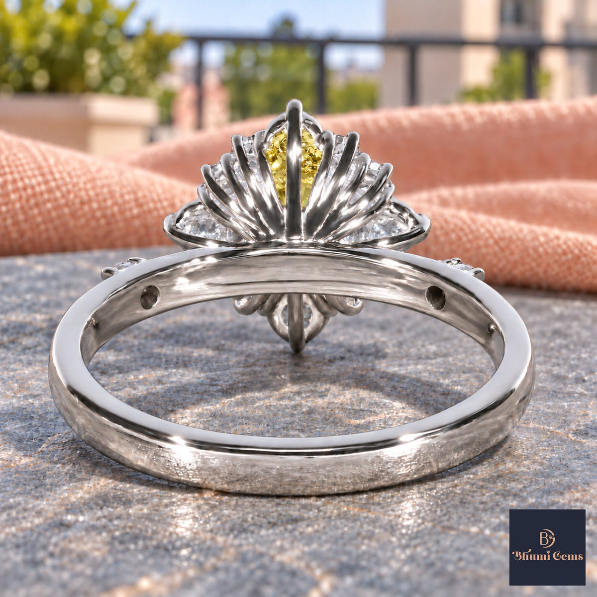 Yellow Oval Cut Lab Grown Diamond Engagement Ring - Scalloped Halo in white gold, gallery view