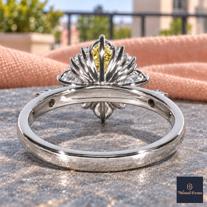 Yellow Oval Cut Lab Grown Diamond Engagement Ring - Scalloped Halo in white gold, gallery view