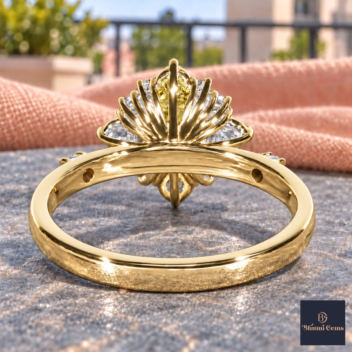 Yellow Oval Cut Lab Grown Diamond Engagement Ring - Scalloped Halo in yellow gold, gallery view