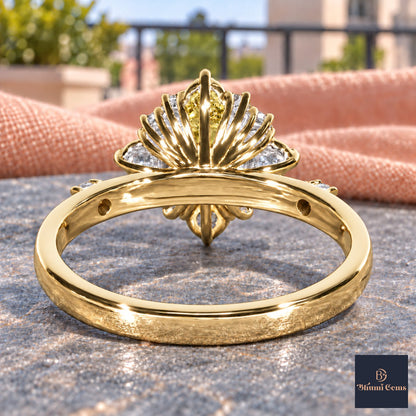 Yellow Oval Cut Lab Grown Diamond Engagement Ring - Scalloped Halo in yellow gold, gallery view