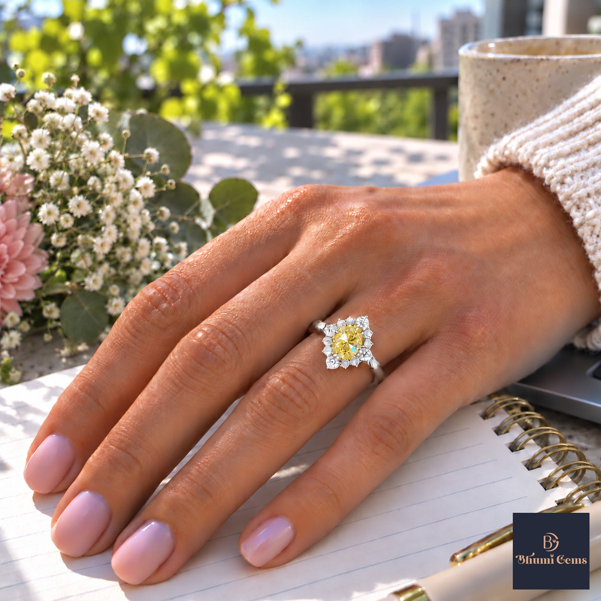 Yellow Oval Cut Lab Grown Diamond Engagement Ring - Scalloped Halo in white gold, worn on the hand