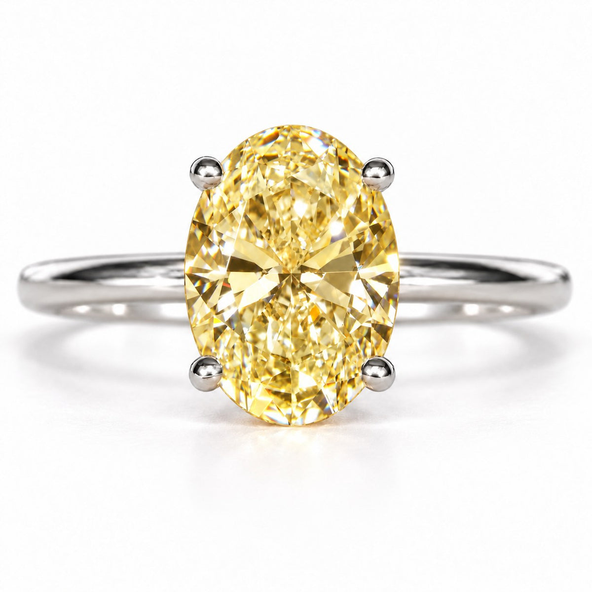 Yellow Oval Cut Lab Grown Diamond Engagement Ring - Six Prong Solitaire in white gold, front view