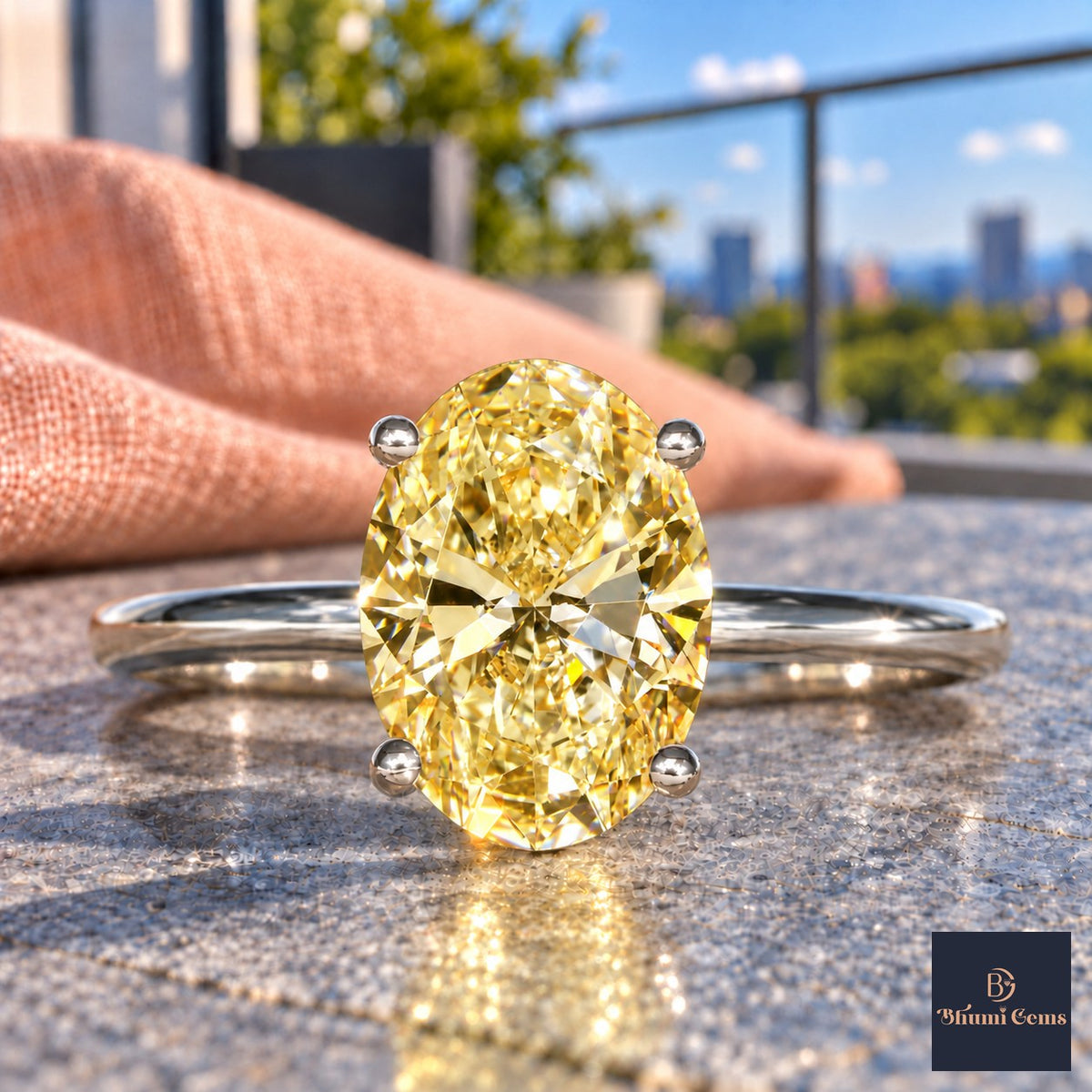 Yellow Oval Cut Lab Grown Diamond Engagement Ring - Six Prong Solitaire in white gold, close-up