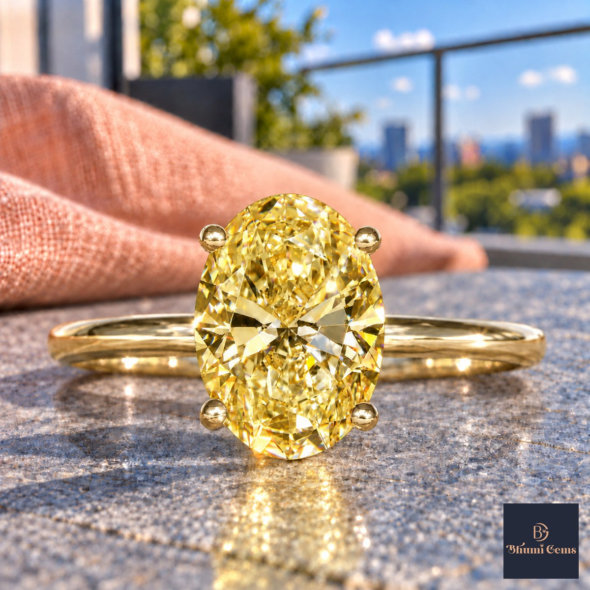 Yellow Oval Cut Lab Grown Diamond Engagement Ring - Six Prong Solitaire in yellow gold, close-up