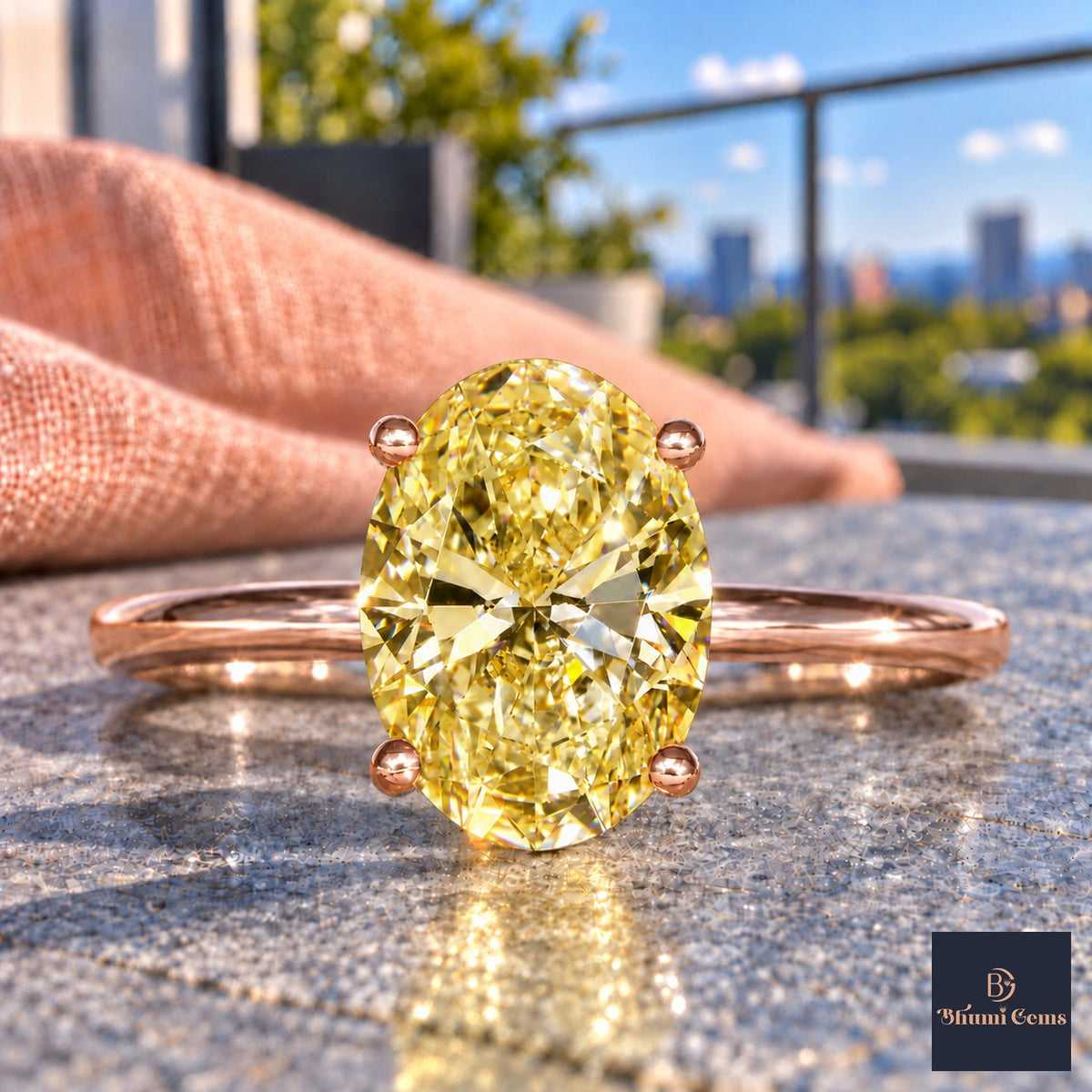 Yellow Oval Cut Lab Grown Diamond Engagement Ring - Six Prong Solitaire in rose gold, close-up