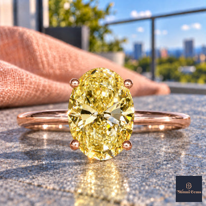 Yellow Oval Cut Lab Grown Diamond Engagement Ring - Six Prong Solitaire in rose gold, close-up