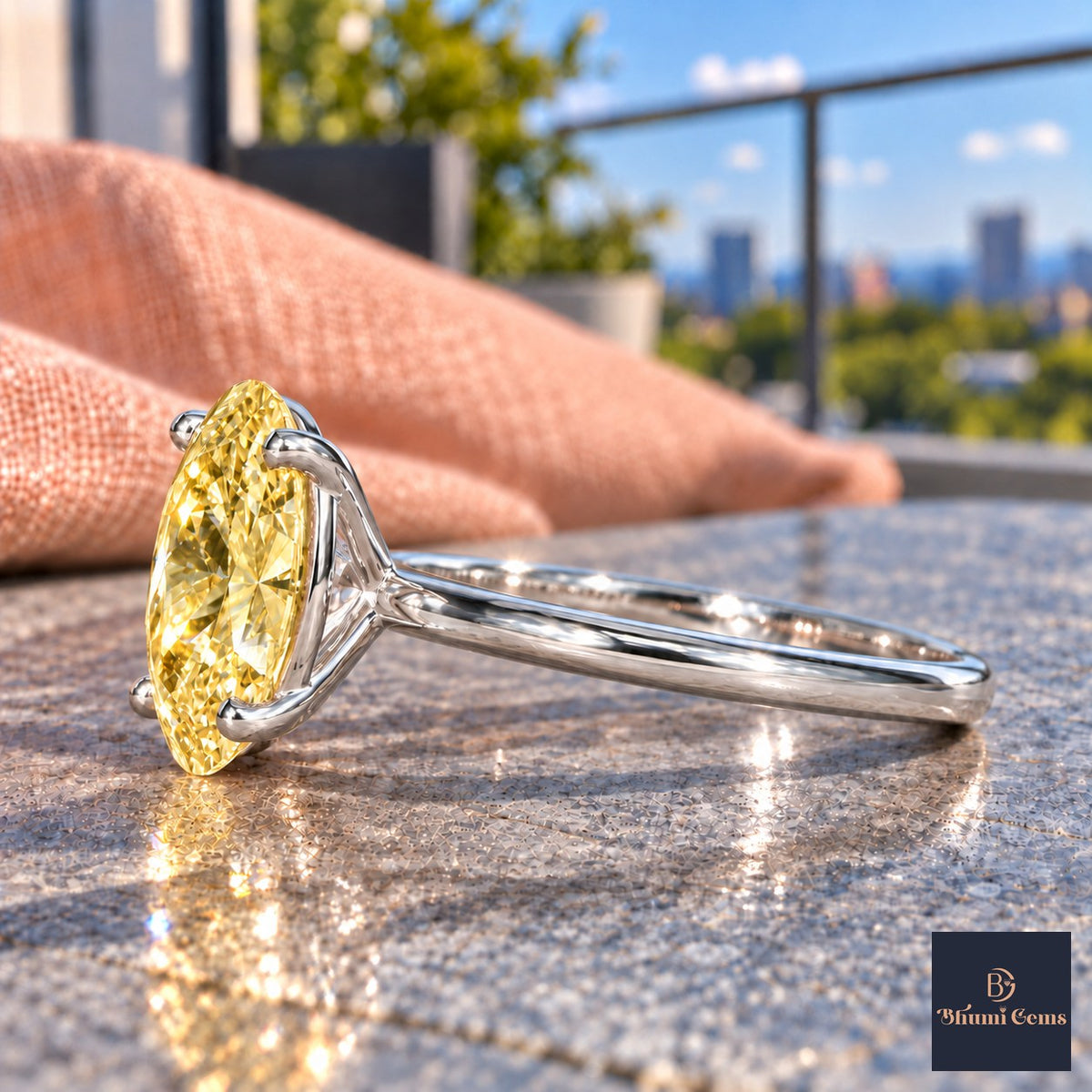 Yellow Oval Cut Lab Grown Diamond Engagement Ring - Six Prong Solitaire in white gold, side view