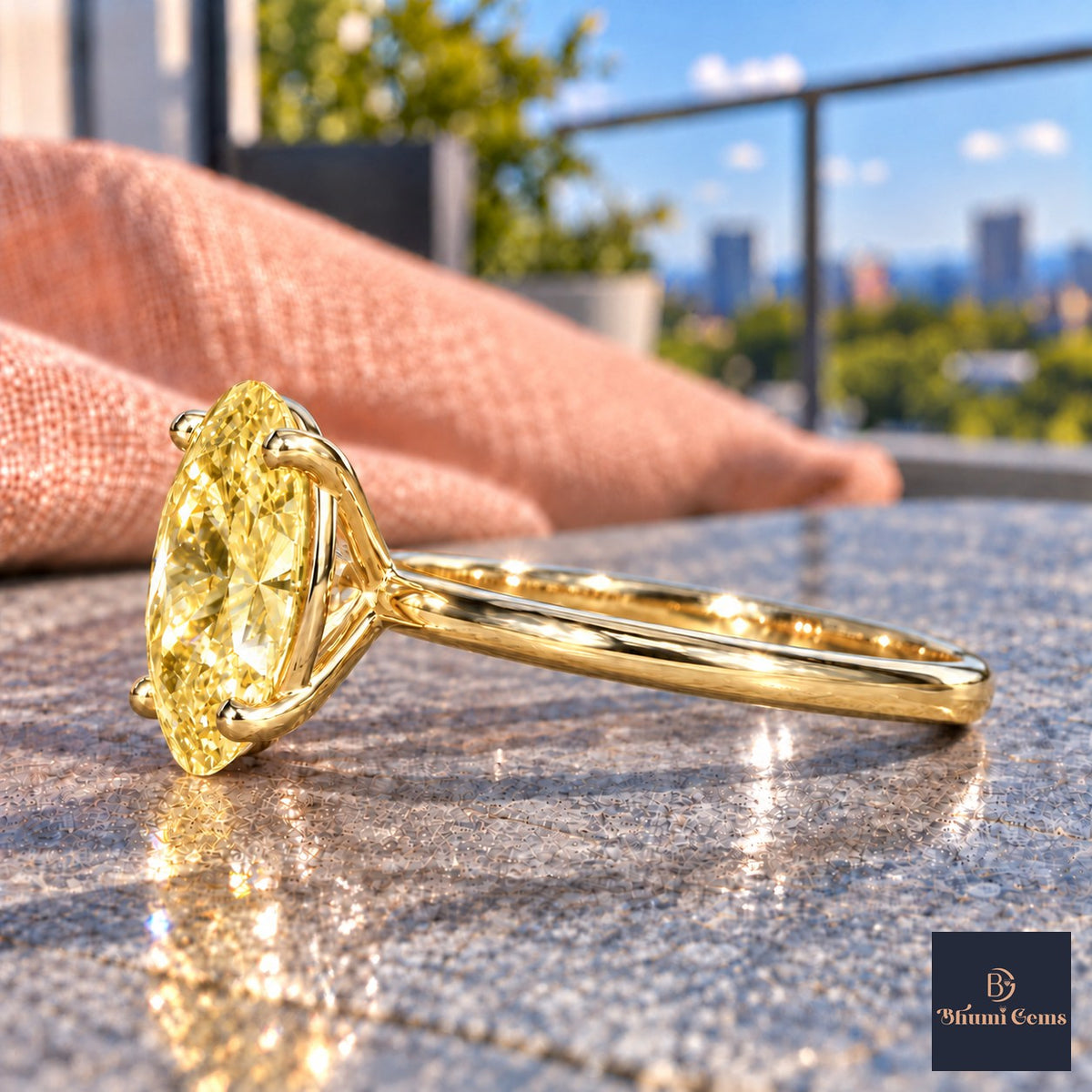 Yellow Oval Cut Lab Grown Diamond Engagement Ring - Six Prong Solitaire in yellow gold, side view