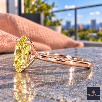 Yellow Oval Cut Lab Grown Diamond Engagement Ring - Six Prong Solitaire in rose gold, side view