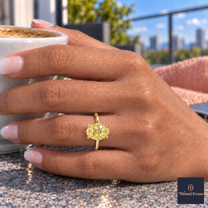 Yellow Oval Cut Lab Grown Diamond Engagement Ring - Six Prong Solitaire in yellow gold, on the hand