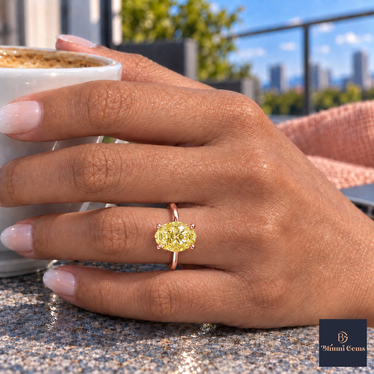 Yellow Oval Cut Lab Grown Diamond Engagement Ring - Six Prong Solitaire in rose gold, on the hand