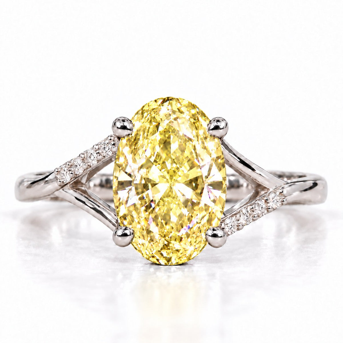 Yellow Oval Cut Lab Grown Diamond Engagement Ring - Split Pave Shoulders in white gold, front view