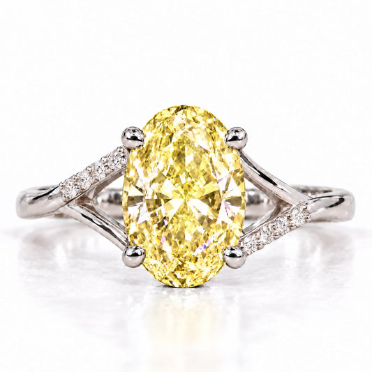 Yellow Oval Cut Lab Grown Diamond Engagement Ring - Split Pave Shoulders in white gold, front view