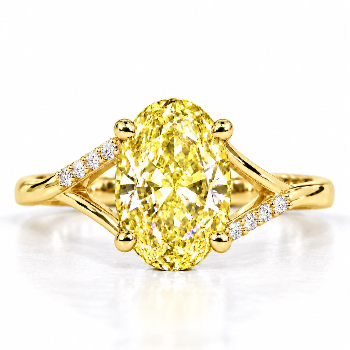 Yellow Oval Cut Lab Grown Diamond Engagement Ring - Split Pave Shoulders in yellow gold, front view