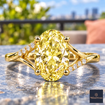 Yellow Oval Cut Lab Grown Diamond Engagement Ring - Split Pave Shoulders in yellow gold, close-up
