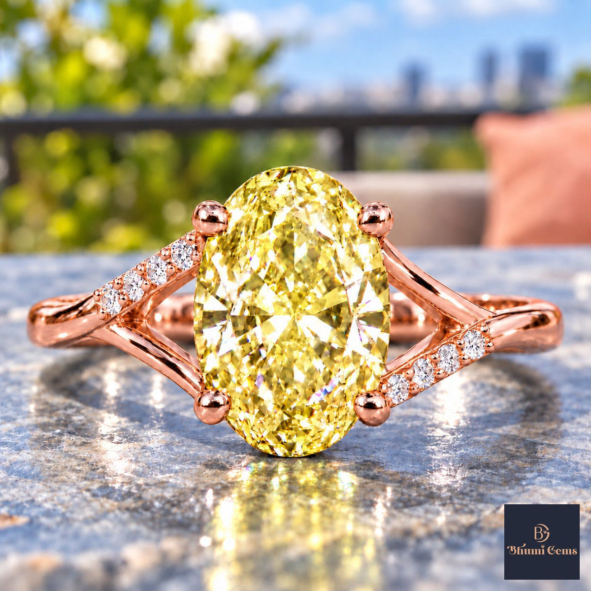 Yellow Oval Cut Lab Grown Diamond Engagement Ring - Split Pave Shoulders in rose gold, close-up