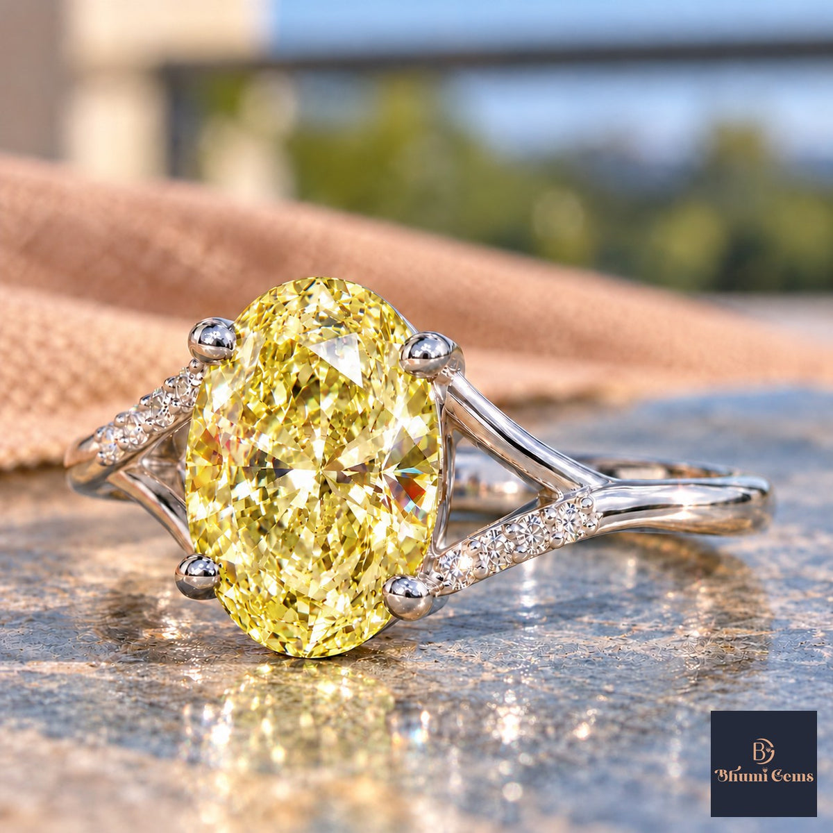 Yellow Oval Cut Lab Grown Diamond Engagement Ring - Split Pave Shoulders in white gold, side view