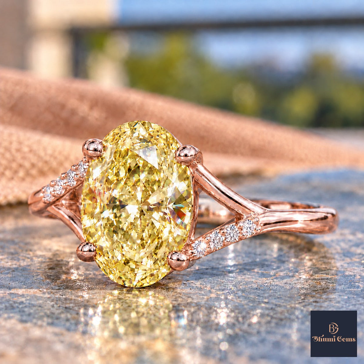 Yellow Oval Cut Lab Grown Diamond Engagement Ring - Split Pave Shoulders in rose gold, side view