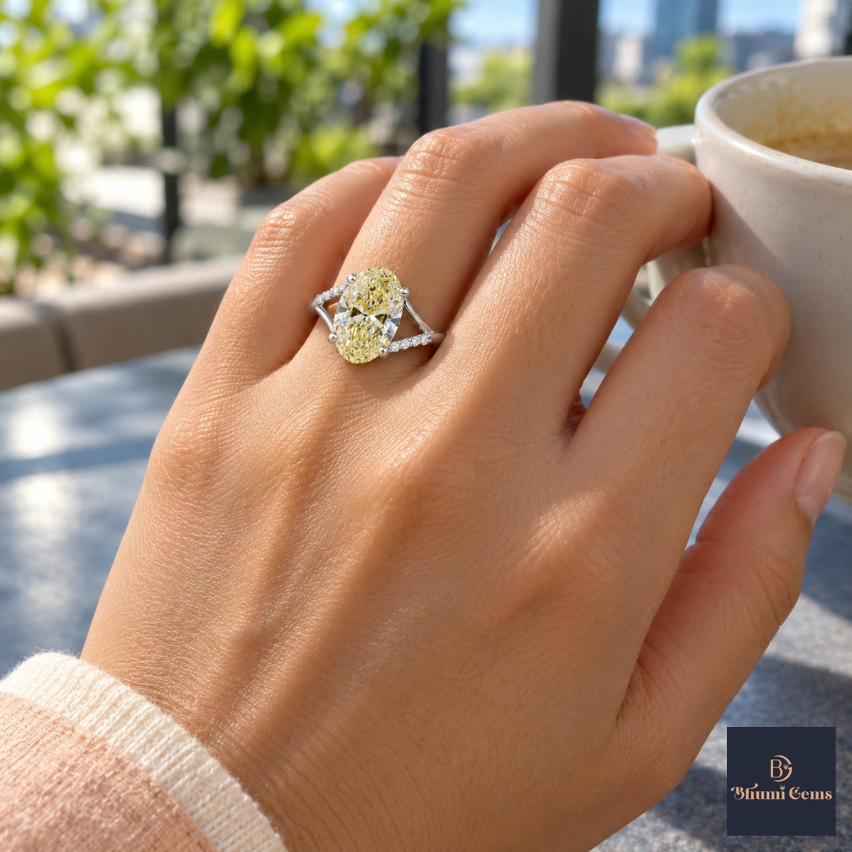 Yellow Oval Cut Lab Grown Diamond Engagement Ring - Split Pave Shoulders in white gold, on the hand