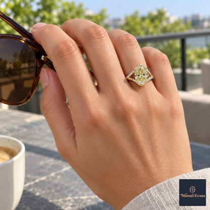 Yellow Oval Cut Lab Grown Diamond Engagement Ring - Split Pave Shoulders in yellow gold, on the hand