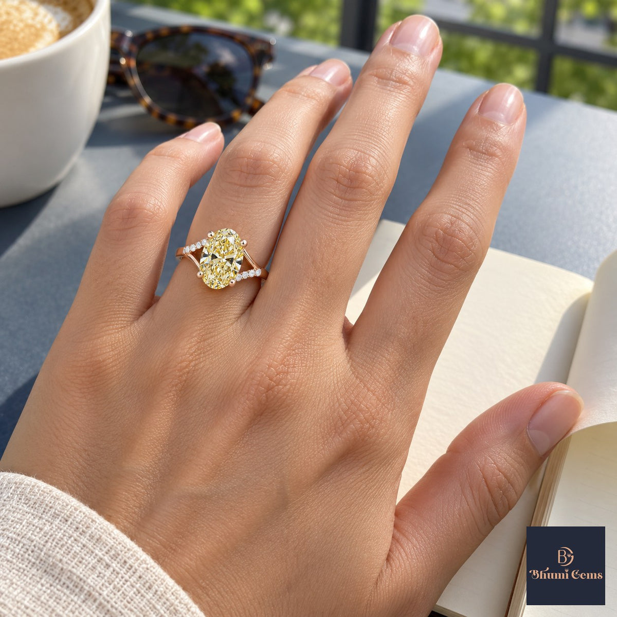 Yellow Oval Cut Lab Grown Diamond Engagement Ring - Split Pave Shoulders in rose gold, on the hand