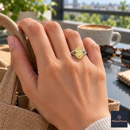 Yellow Oval Cut Lab Grown Diamond Engagement Ring - Split Pave Shoulders in white gold, worn on the hand