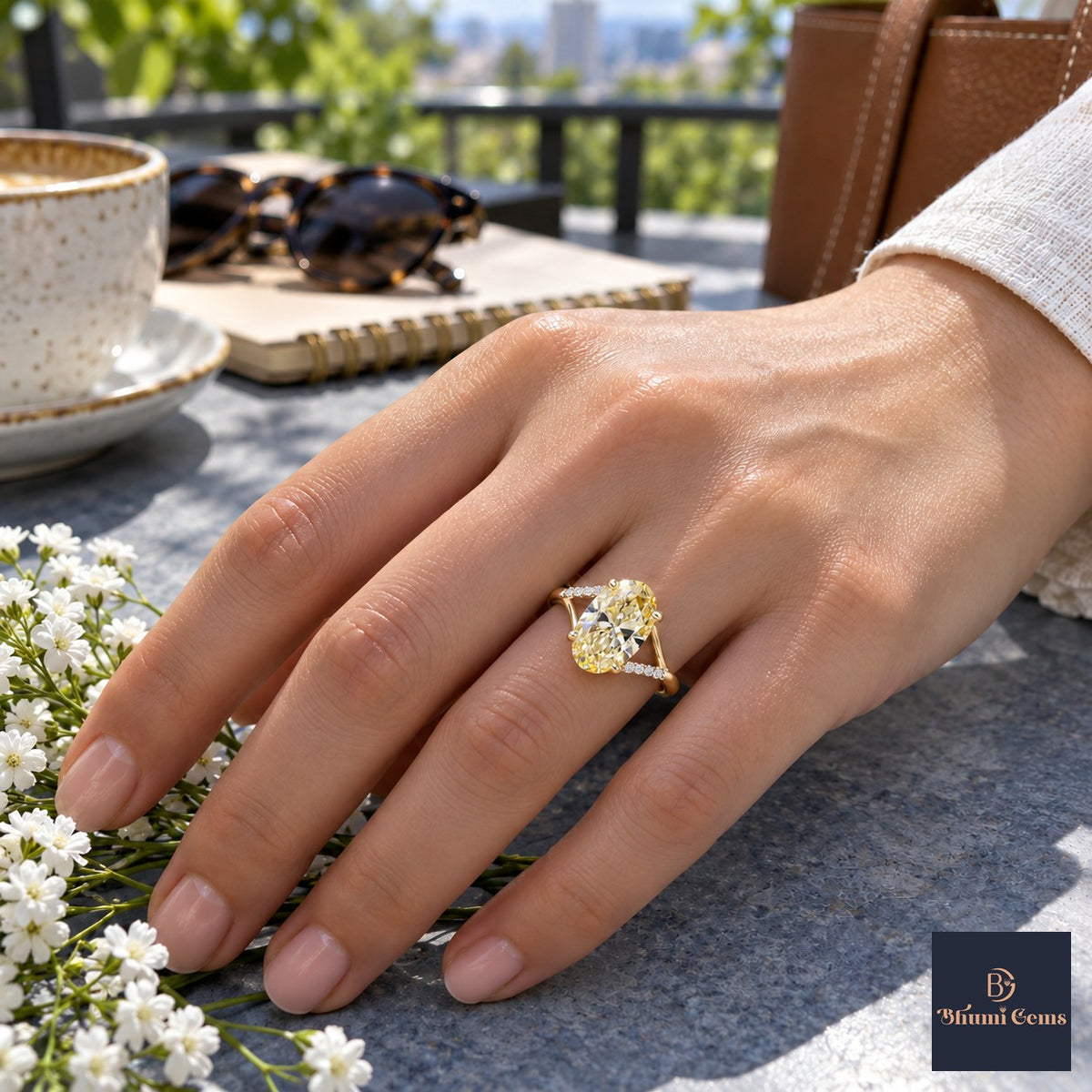 Yellow Oval Cut Lab Grown Diamond Engagement Ring - Split Pave Shoulders in yellow gold, worn on the hand