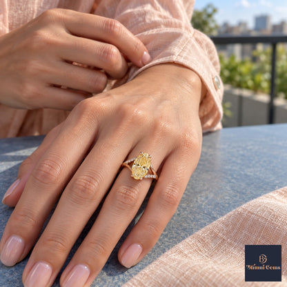 Yellow Oval Cut Lab Grown Diamond Engagement Ring - Split Pave Shoulders in rose gold, worn on the hand
