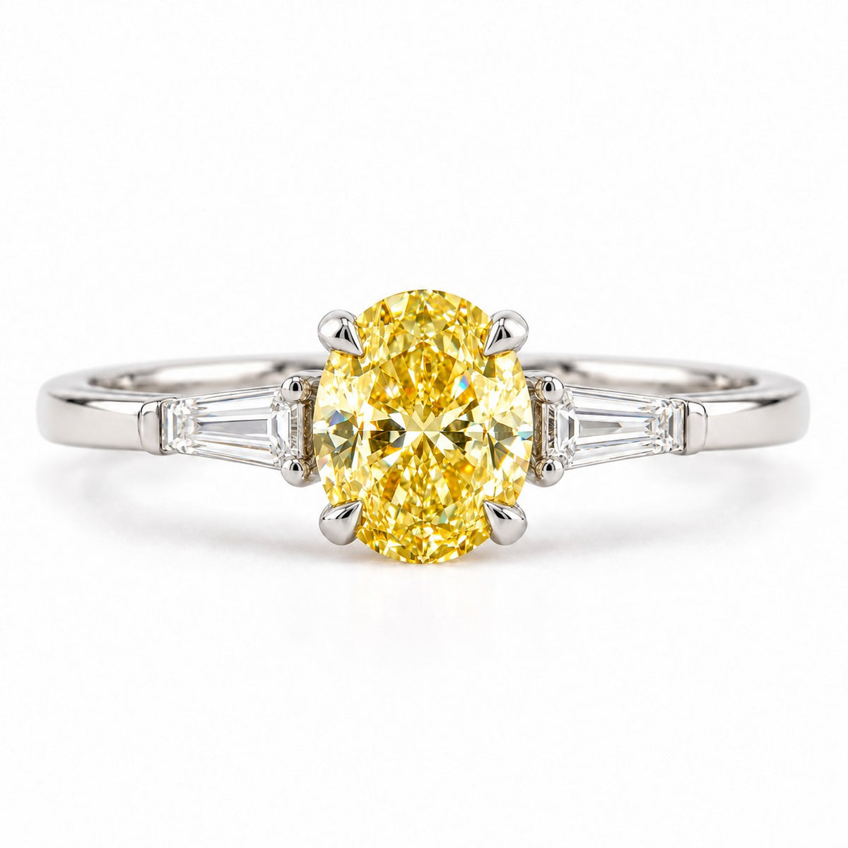 Yellow Oval Cut Lab Grown Diamond Engagement Ring - Tapered Baguettes in white gold, front view