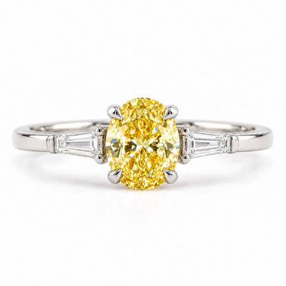 Yellow Oval Cut Lab Grown Diamond Engagement Ring - Tapered Baguettes in white gold, front view
