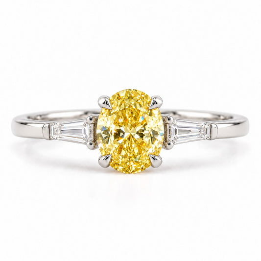 Yellow Oval Cut Lab Grown Diamond Engagement Ring - Tapered Baguettes in white gold, front view
