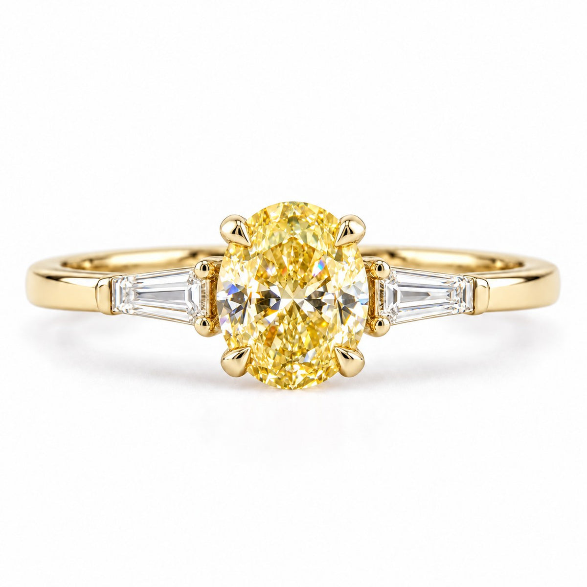 Yellow Oval Cut Lab Grown Diamond Engagement Ring - Tapered Baguettes in yellow gold, front view
