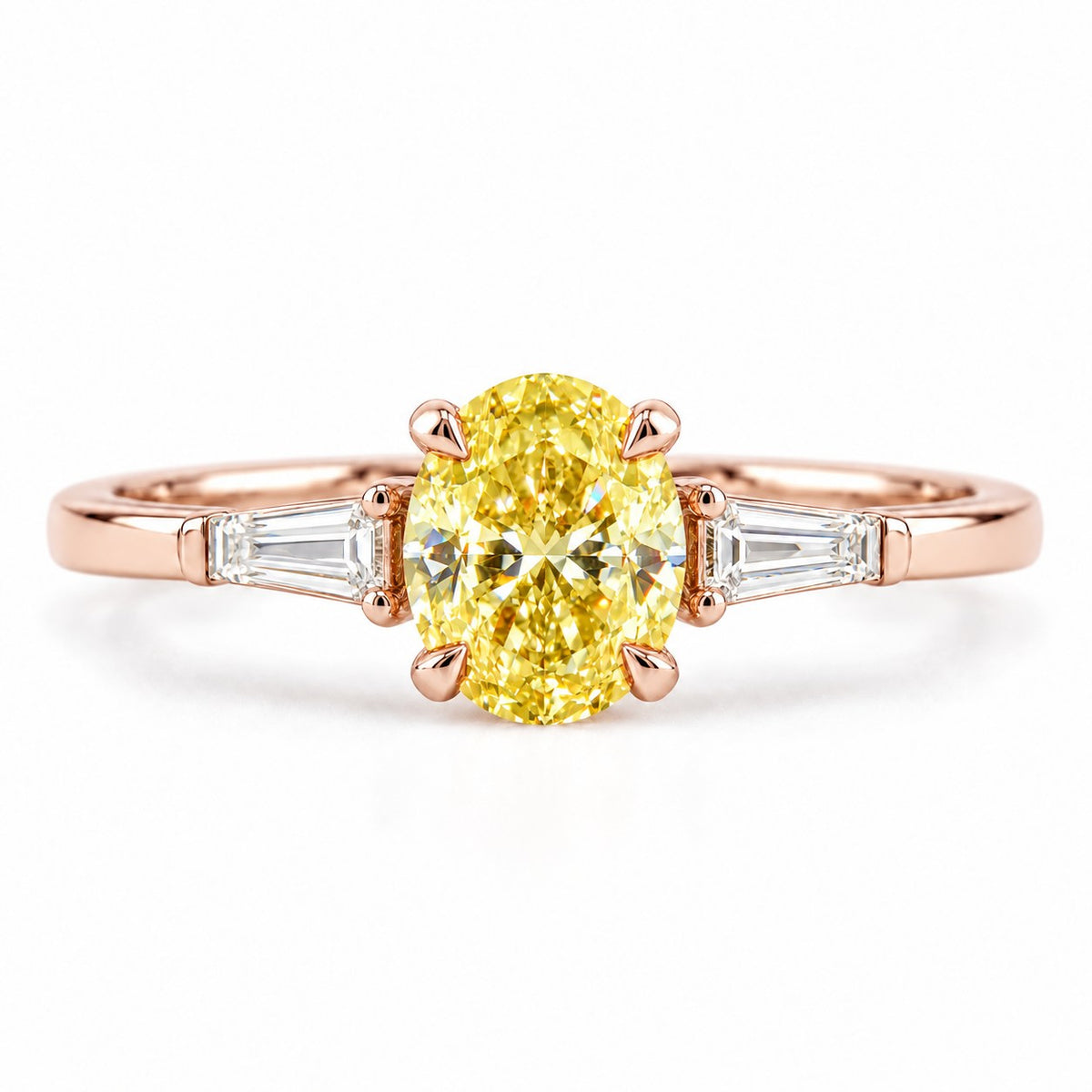 Yellow Oval Cut Lab Grown Diamond Engagement Ring - Tapered Baguettes in rose gold, front view