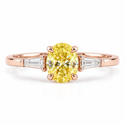 Yellow Oval Cut Lab Grown Diamond Engagement Ring - Tapered Baguettes in rose gold, front view