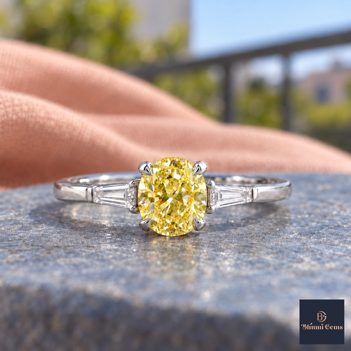 Yellow Oval Cut Lab Grown Diamond Engagement Ring - Tapered Baguettes in white gold, close-up