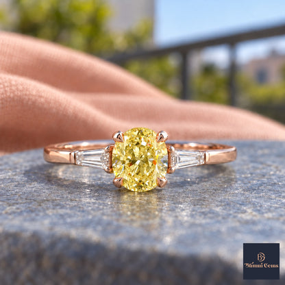 Yellow Oval Cut Lab Grown Diamond Engagement Ring - Tapered Baguettes in rose gold, close-up