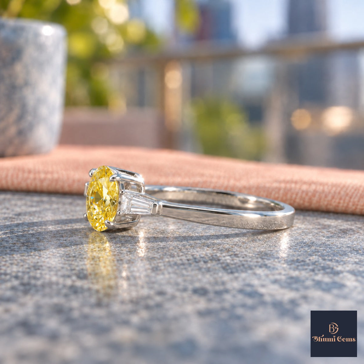 Yellow Oval Cut Lab Grown Diamond Engagement Ring - Tapered Baguettes in white gold, side view