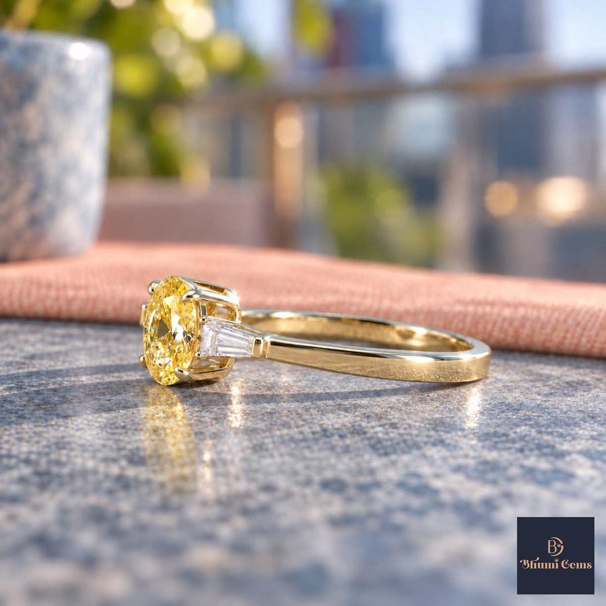 Yellow Oval Cut Lab Grown Diamond Engagement Ring - Tapered Baguettes in yellow gold, side view