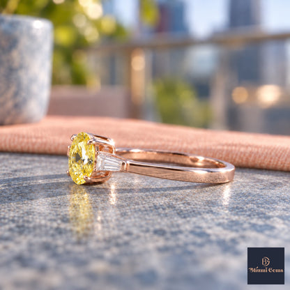 Yellow Oval Cut Lab Grown Diamond Engagement Ring - Tapered Baguettes in rose gold, side view