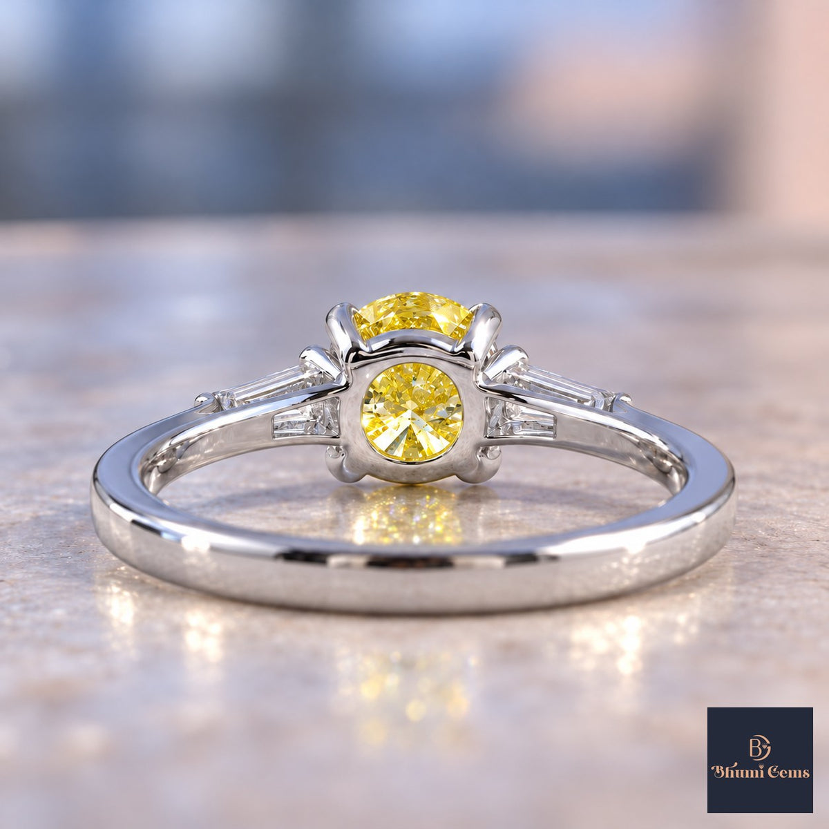 Yellow Oval Cut Lab Grown Diamond Engagement Ring - Tapered Baguettes in white gold, gallery view