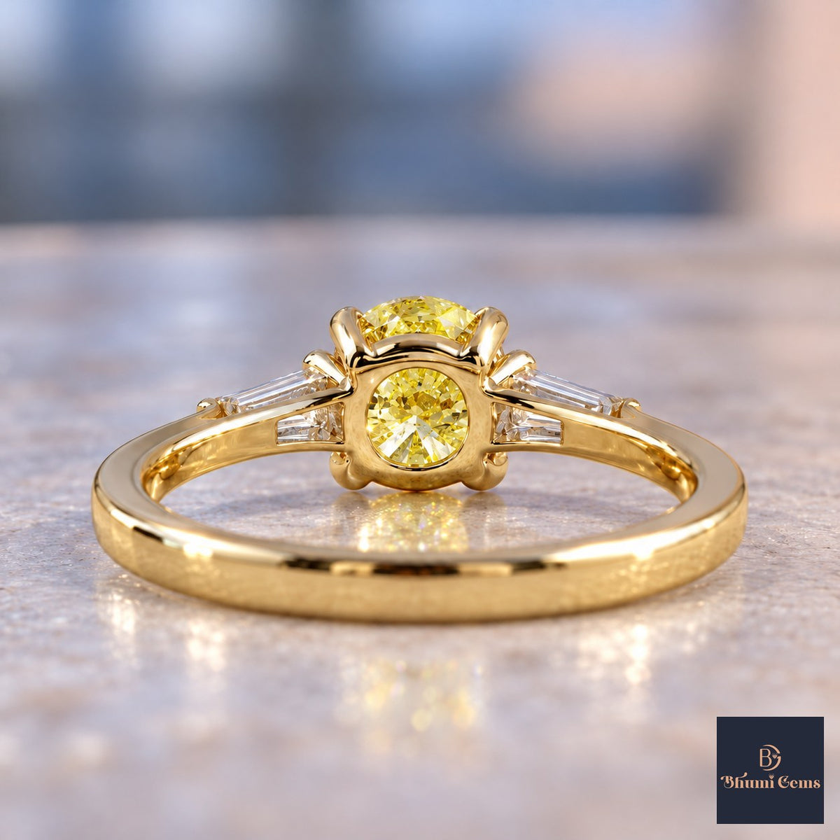 Yellow Oval Cut Lab Grown Diamond Engagement Ring - Tapered Baguettes in yellow gold, gallery view