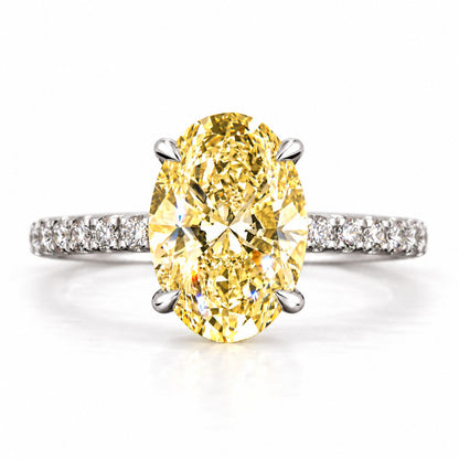 Yellow Oval Cut Lab Grown Diamond Engagement Ring - Thin Pave Band in white gold, front view