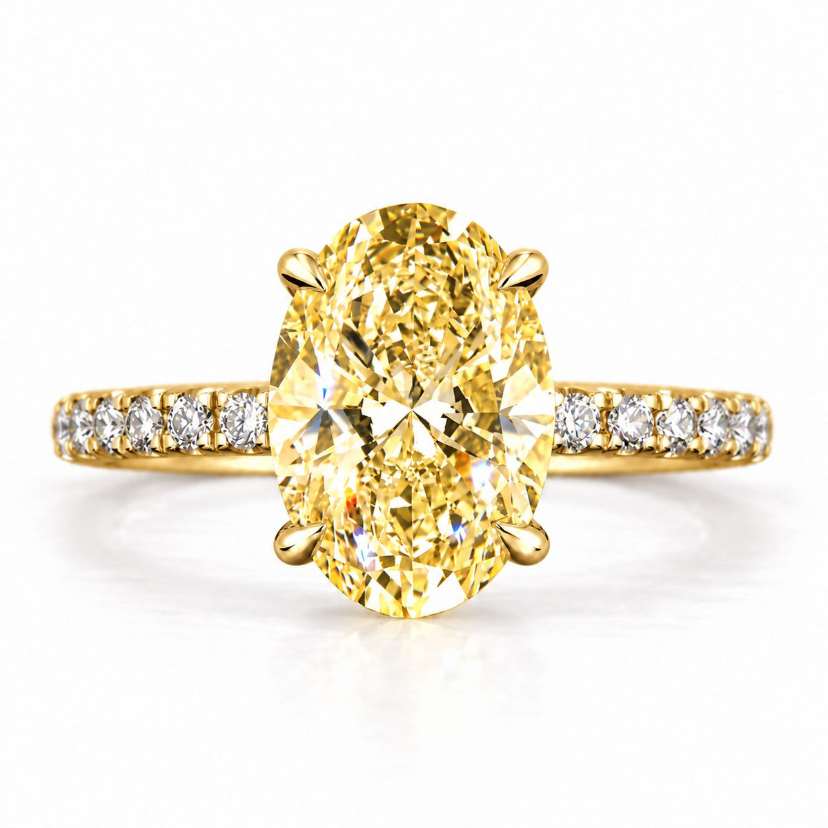 Yellow Oval Cut Lab Grown Diamond Engagement Ring - Thin Pave Band in yellow gold, front view