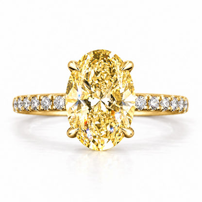 Yellow Oval Cut Lab Grown Diamond Engagement Ring - Thin Pave Band in yellow gold, front view