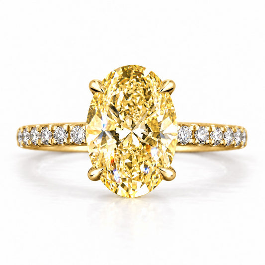 Yellow Oval Cut Lab Grown Diamond Engagement Ring - Thin Pave Band in yellow gold, front view