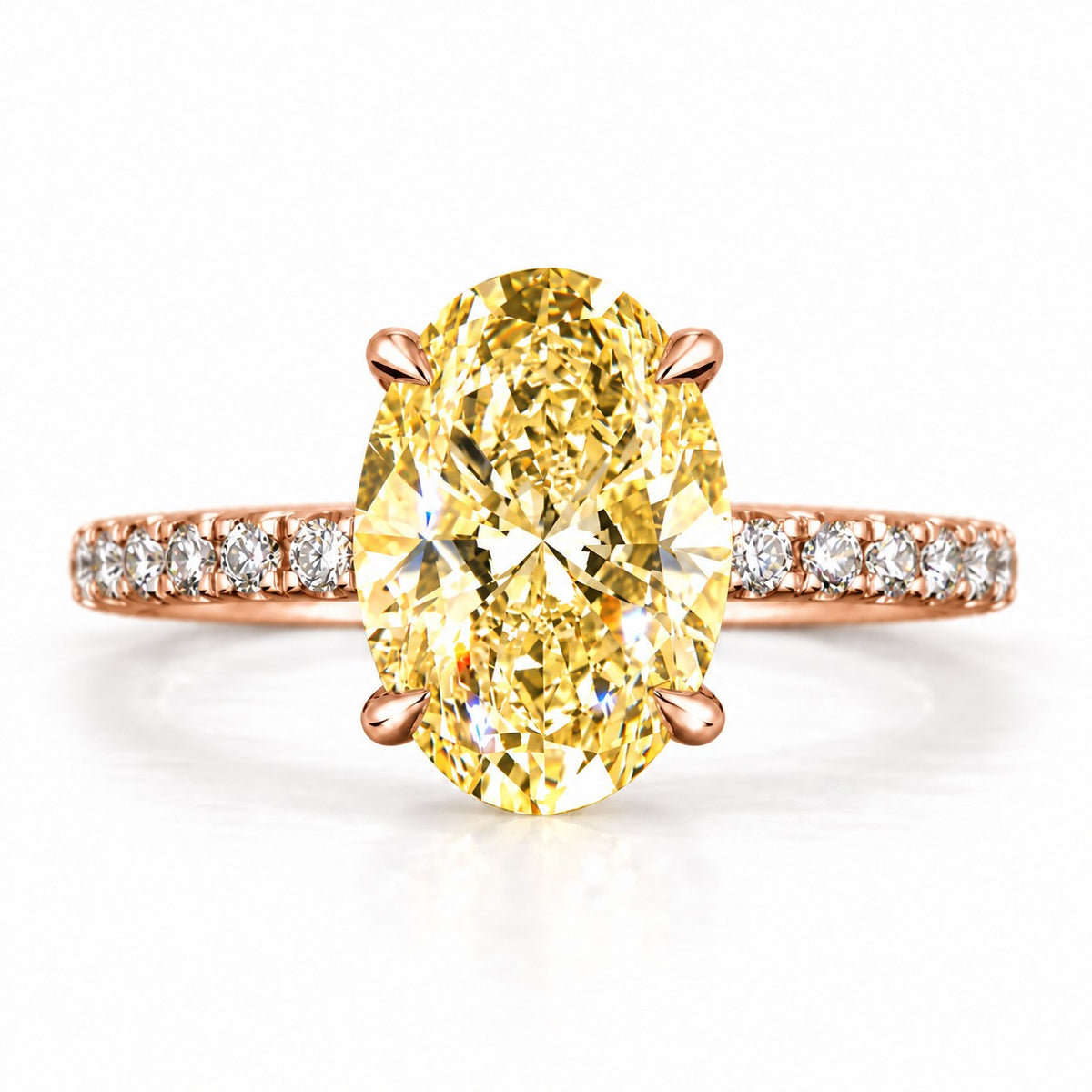 Yellow Oval Cut Lab Grown Diamond Engagement Ring - Thin Pave Band in rose gold, front view