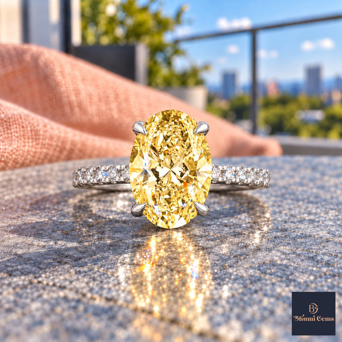 Yellow Oval Cut Lab Grown Diamond Engagement Ring - Thin Pave Band in white gold, close-up