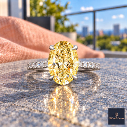 Yellow Oval Cut Lab Grown Diamond Engagement Ring - Thin Pave Band in white gold, close-up