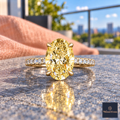Yellow Oval Cut Lab Grown Diamond Engagement Ring - Thin Pave Band in yellow gold, close-up