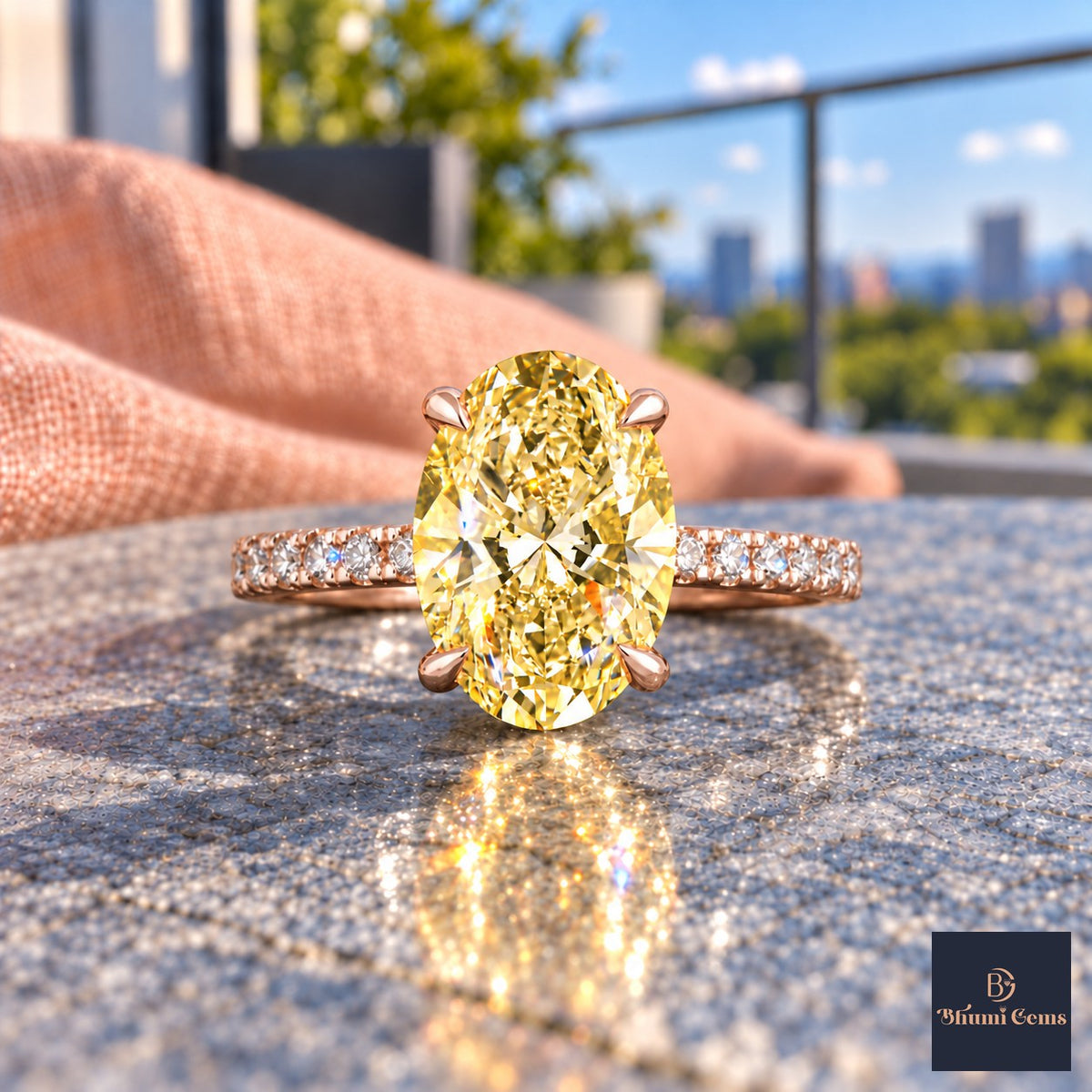 Yellow Oval Cut Lab Grown Diamond Engagement Ring - Thin Pave Band in rose gold, close-up